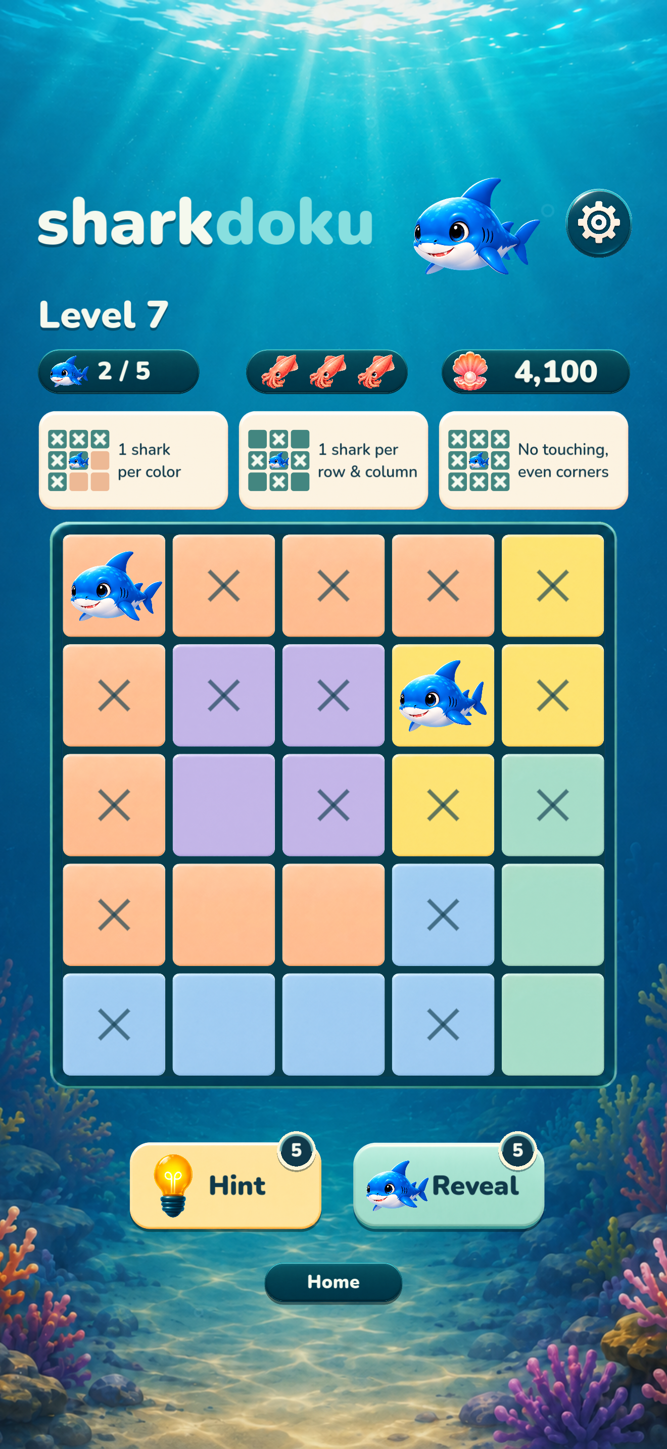 A real Sharkdoku puzzle with two sharks found and excluded squares marked